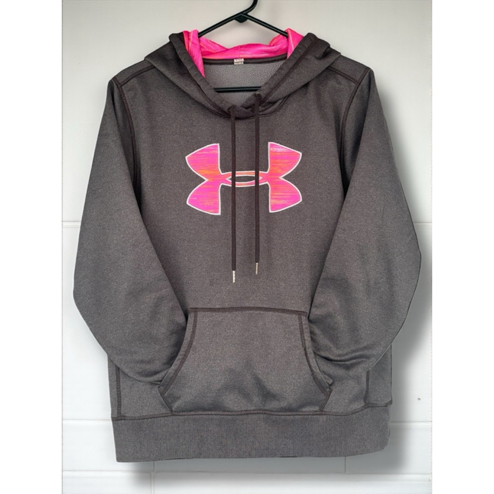 Under Armor Storm1 Women's Large Dark Gray & Pink Logo Long Sleeve Fleece Hoodie